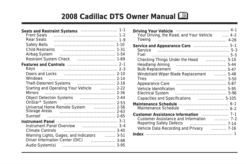 Page 1 de la notice Manuel utilisateur Cadillac DTS Sedan (2008)