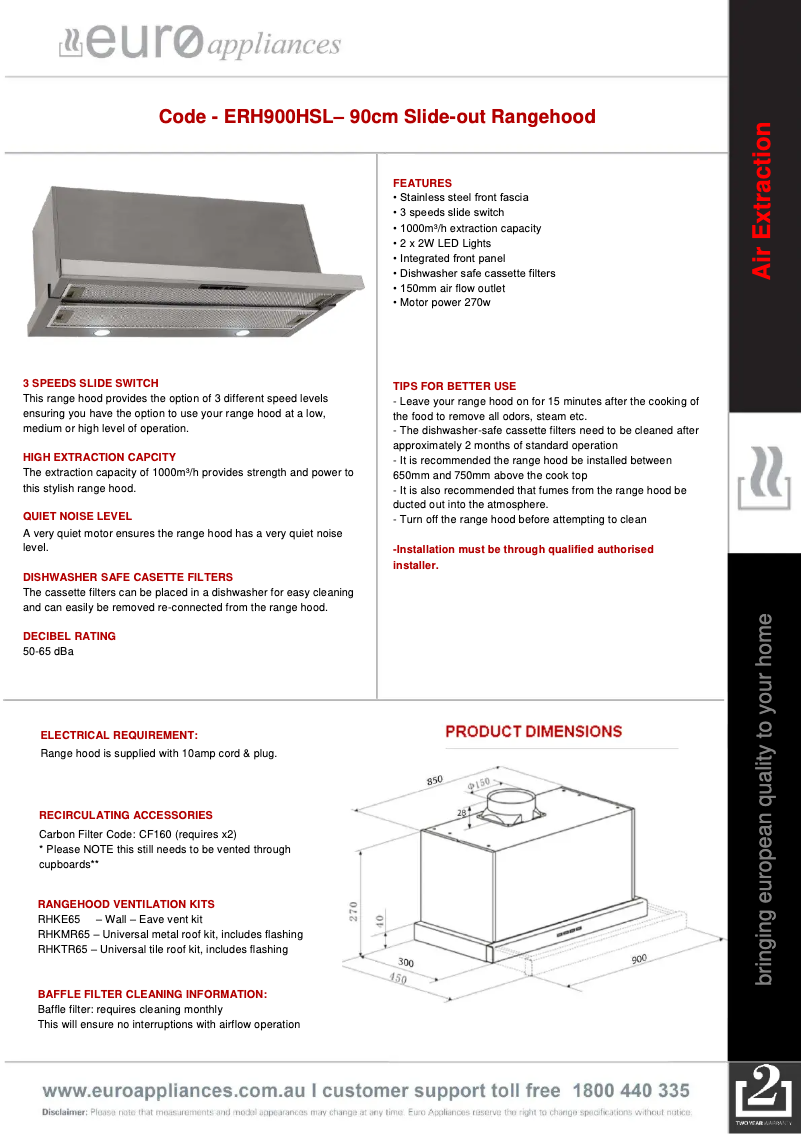 Page 1 de la notice Fiche technique Euro Appliances ERH900HSL