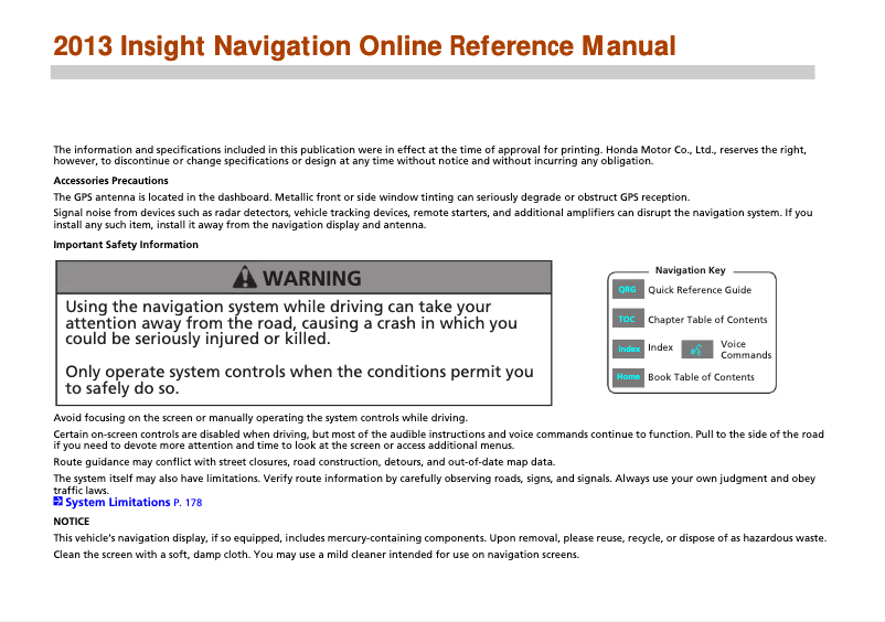 Page 1 de la notice Manuel utilisateur Honda Insight 2013 Navigation