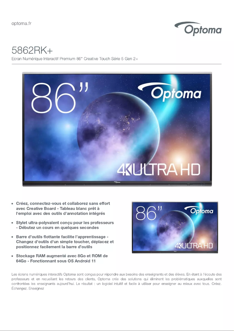 Page 1 de la notice Fiche technique Optoma 5862RK+