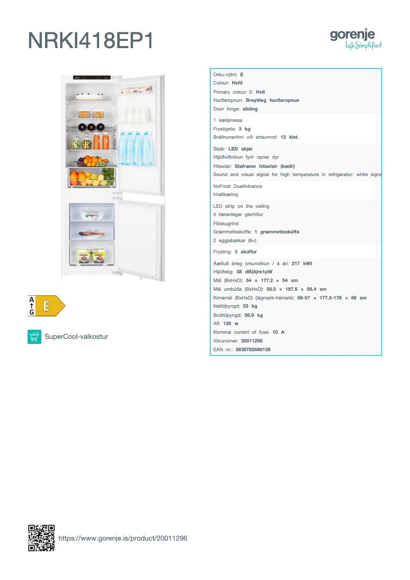 Page n°1 - Fiche technique Gorenje NRKI418EP1