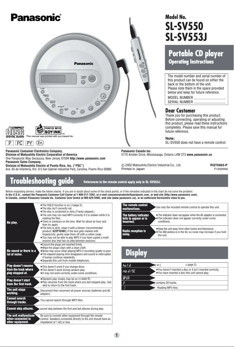 Page 1 de la notice Manuel utilisateur Panasonic SL-SV553P