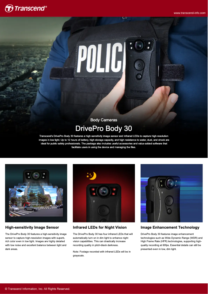 Page n°1 - Fiche technique Transcend DrivePro Body 30