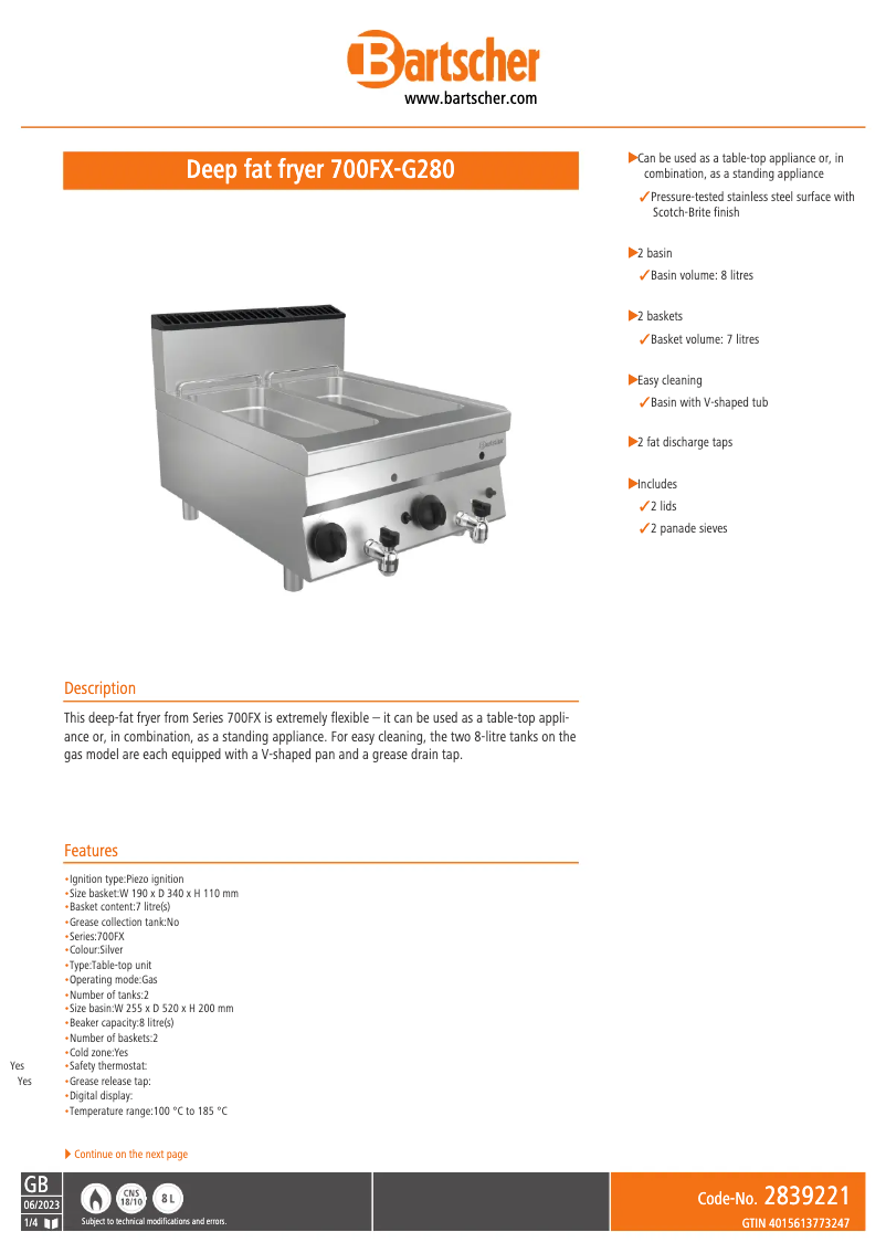 Page n°1 - Fiche technique Bartscher 700FX-G280