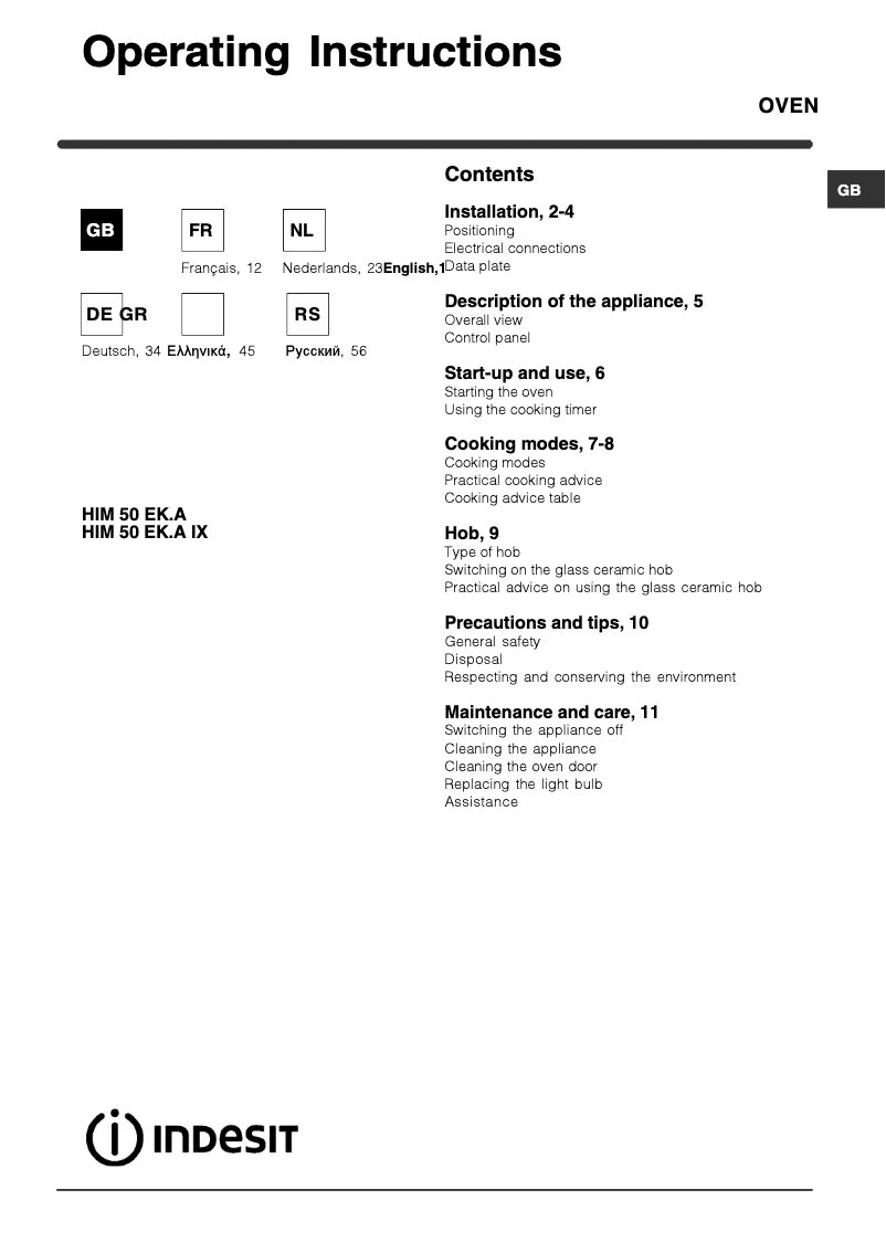 Page n°1 - Manuel utilisateur Indesit HIM 506 EK.A IX