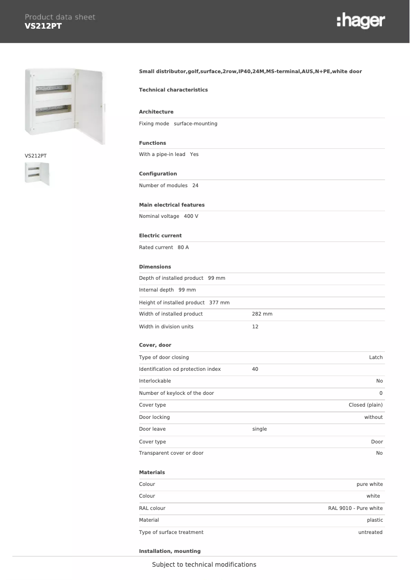 Page 1 de la notice Fiche technique Hager VS212PT