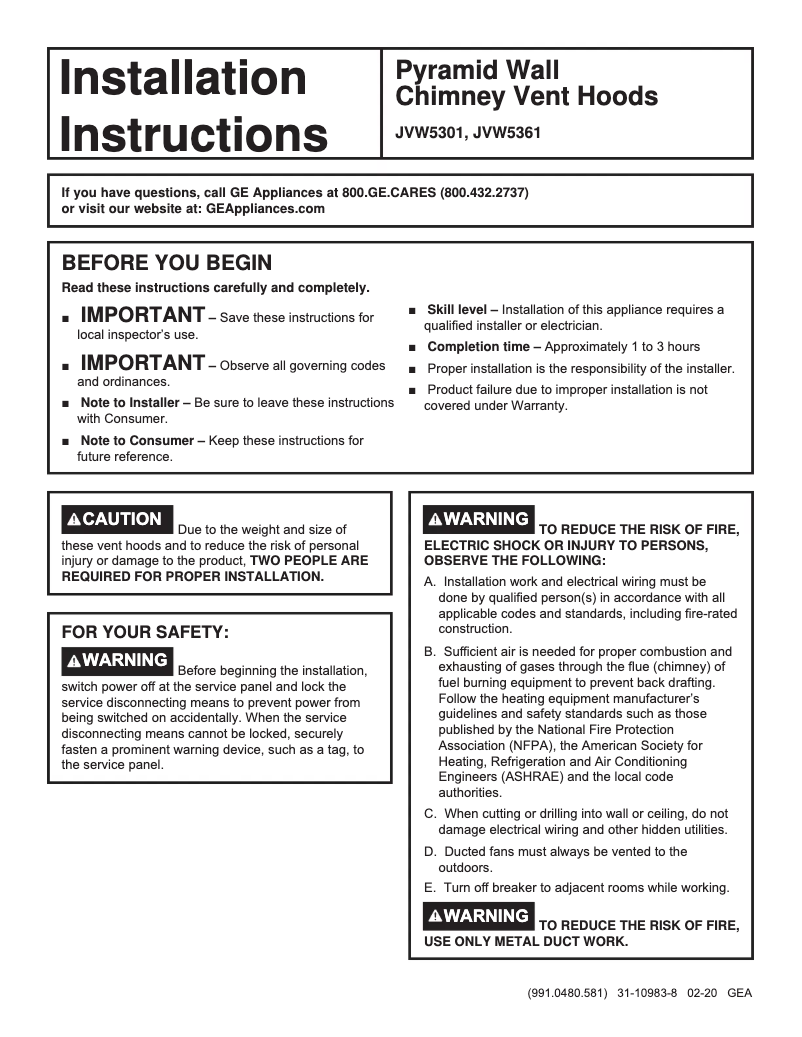 Page 1 de la notice Guide d'installation GE JVW5301EJES