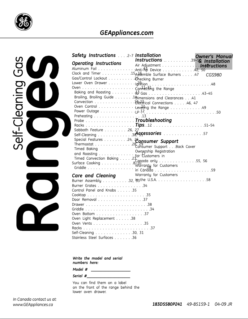 Page n°1 - Guide d'installation GE CGS980SEMSS