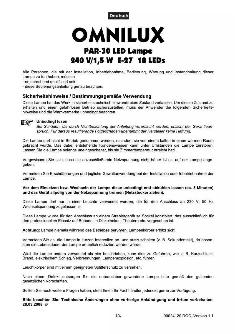 Page 1 de la notice Manuel utilisateur Omnilux PAR-30