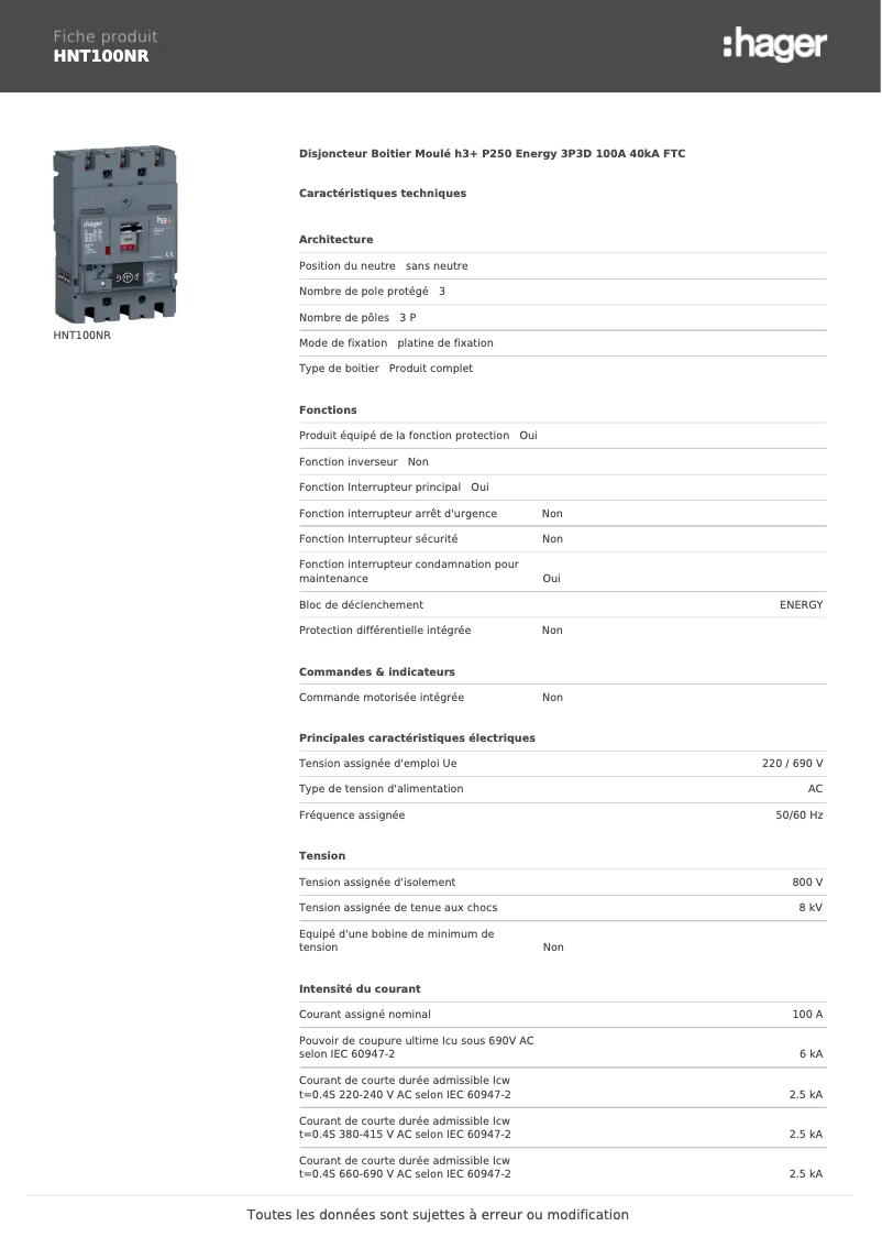 Page 1 of the manual Technical Sheet Hager HNT100NR