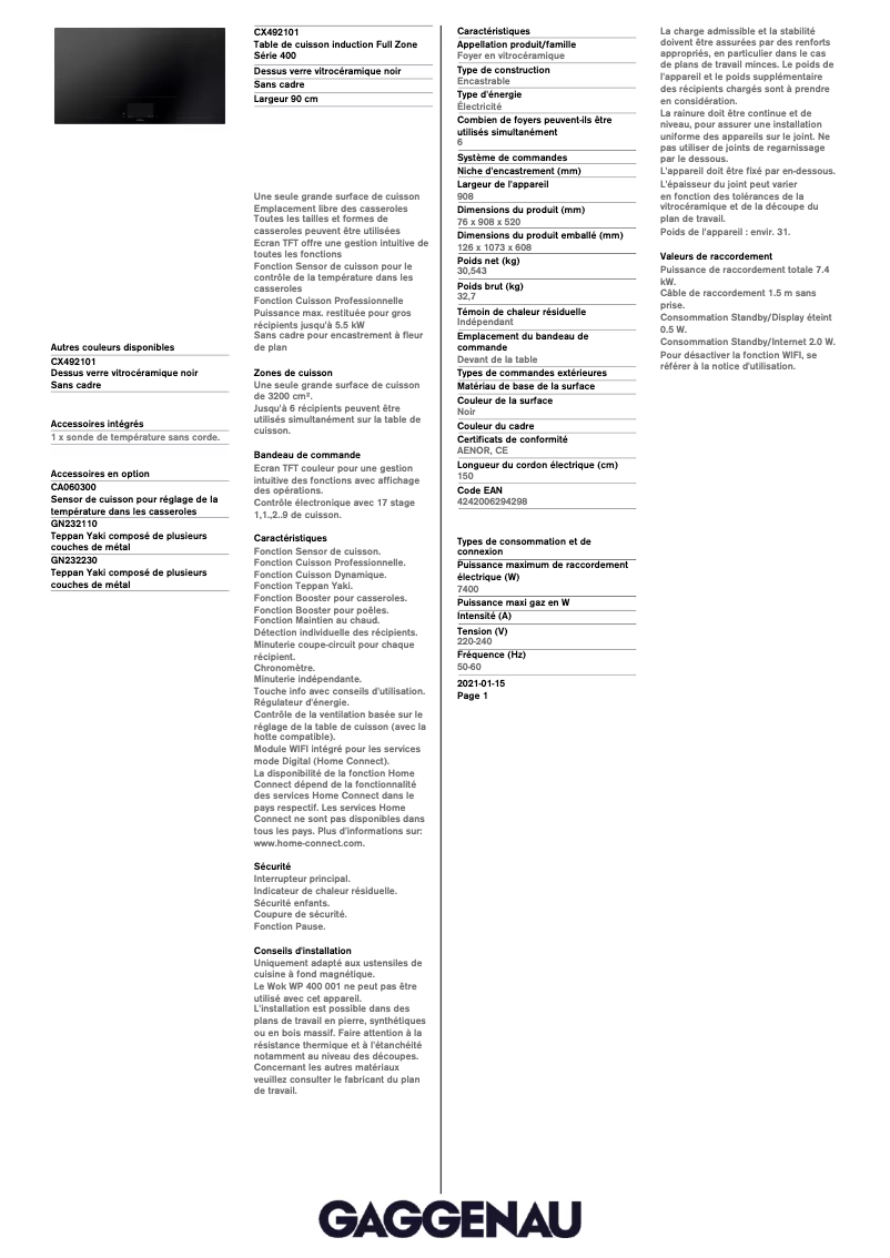 Page 1 de la notice Fiche technique Gaggenau CX492101