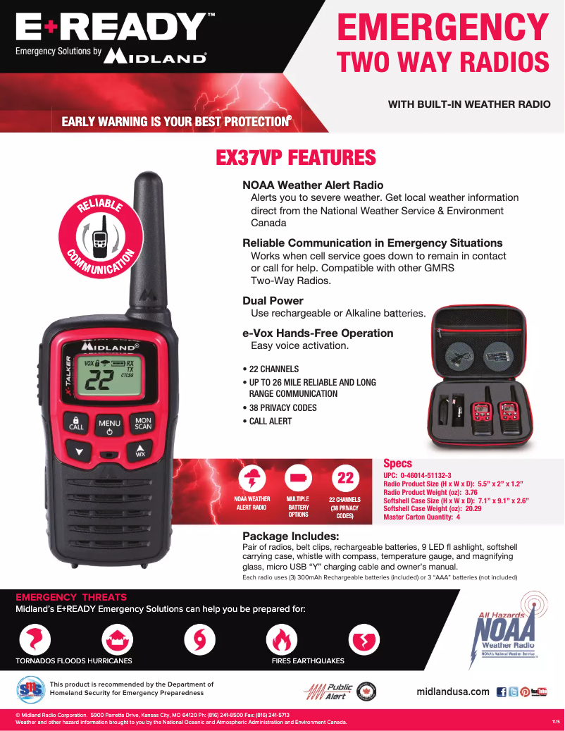 Page 1 de la notice Fiche technique Midland E+READY EX37VP