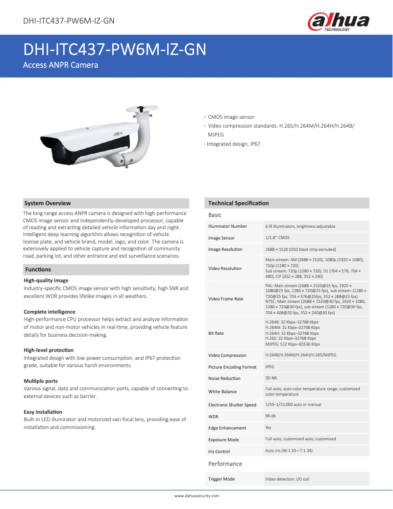 Page n°1 - Fiche technique Dahua Technology ITC437-PW6M-IZ-GN