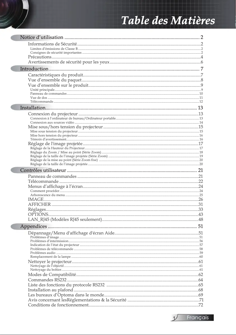 Page n°1 - Mode d'emploi Optoma ES522