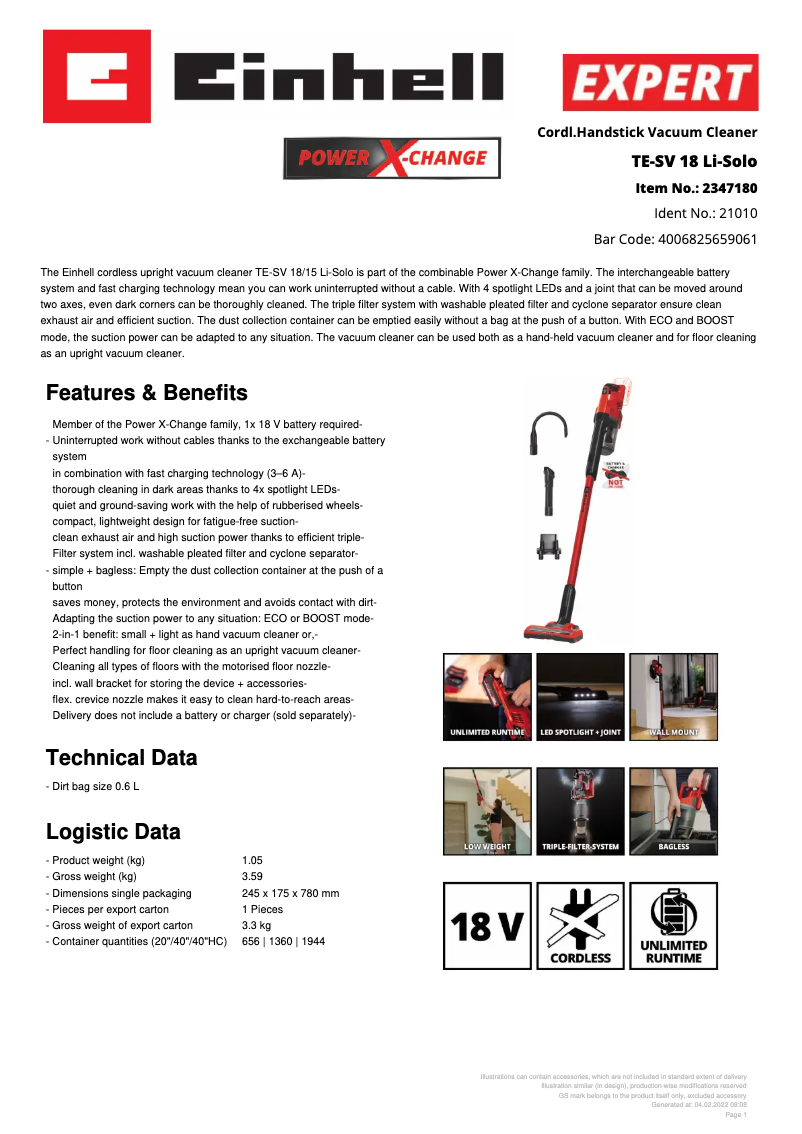 Page n°1 - Fiche technique Einhell TE-SV 18 Li