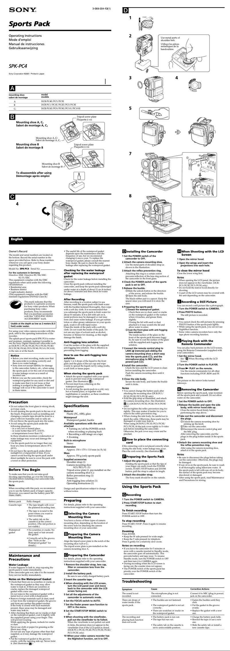 Page 1 de la notice Manuel utilisateur Sony SPK-PC4