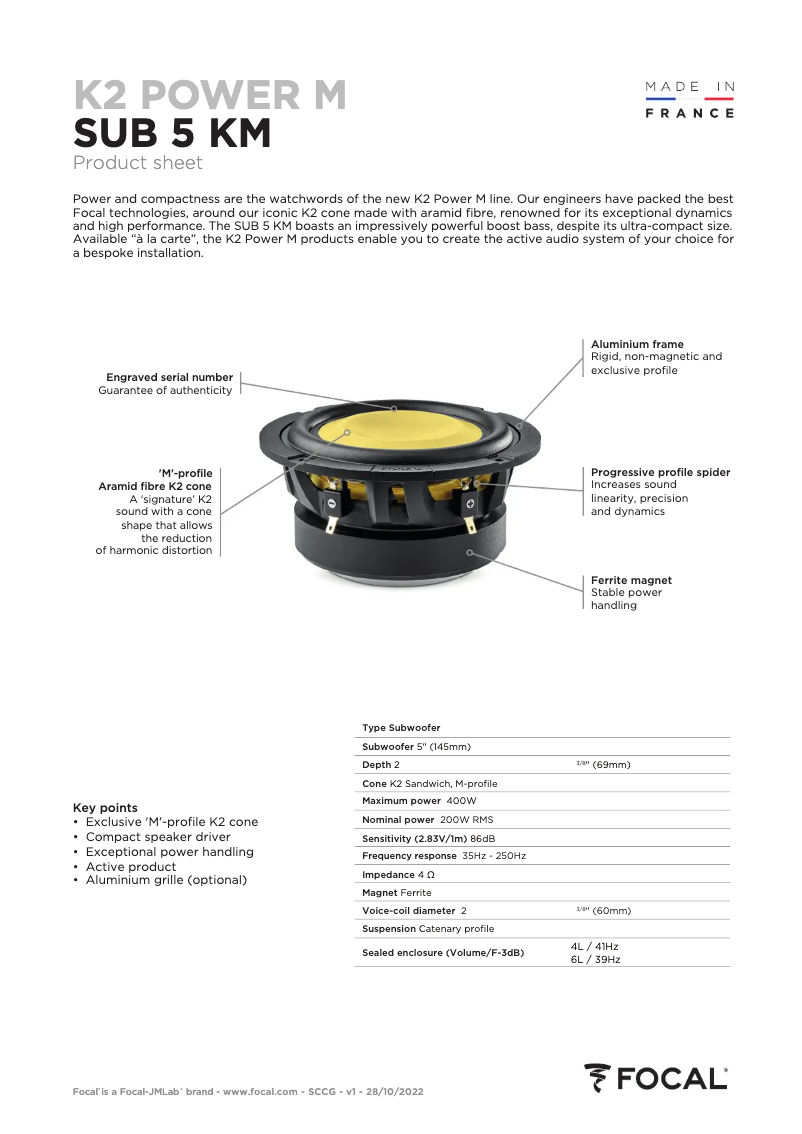 Page 1 de la notice Fiche technique Focal SUB 5 KM