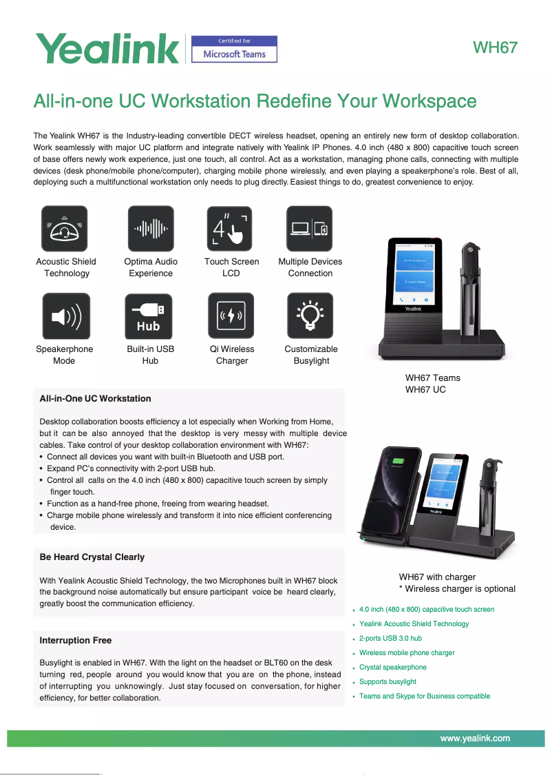 Page 1 de la notice Fiche technique Yealink WH67