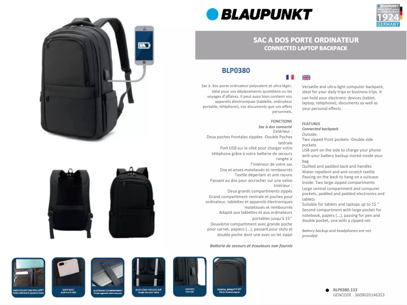 Page 1 de la notice Manuel utilisateur Blaupunkt BLP0380