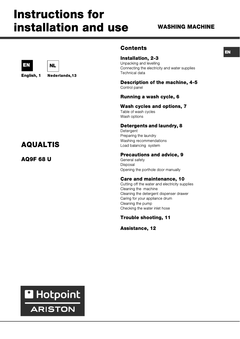 Page n°1 - Manuel utilisateur Hotpoint Ariston AQ9F68UEU
