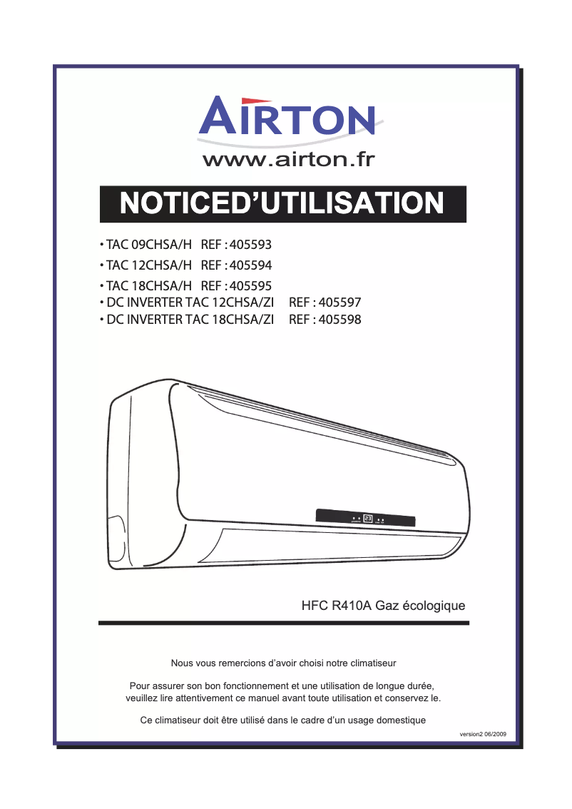 Page n°1 - Manuel utilisateur Airton TAC 18 CHSA/H
