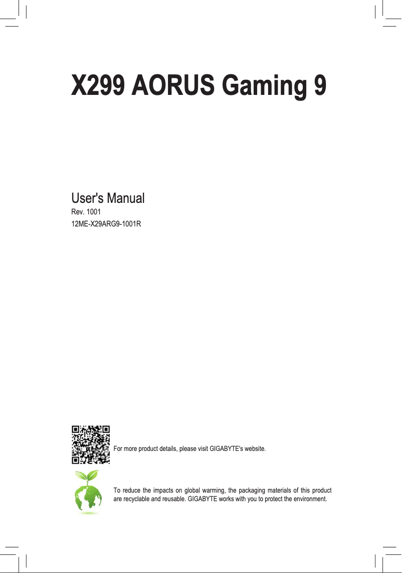 Page 1 de la notice Manuel utilisateur Gigabyte X299 AORUS Gaming 9