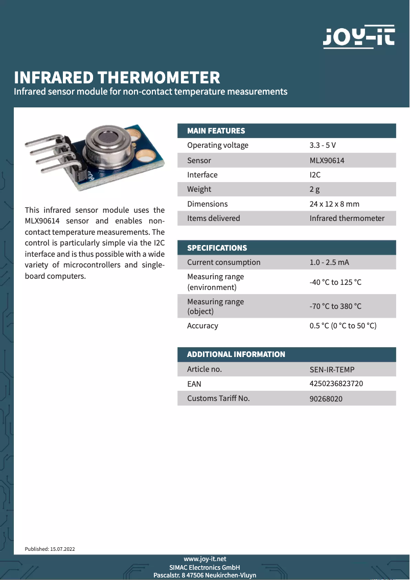 Page n°1 - Fiche technique Joy-It SEN-IR-TEMP
