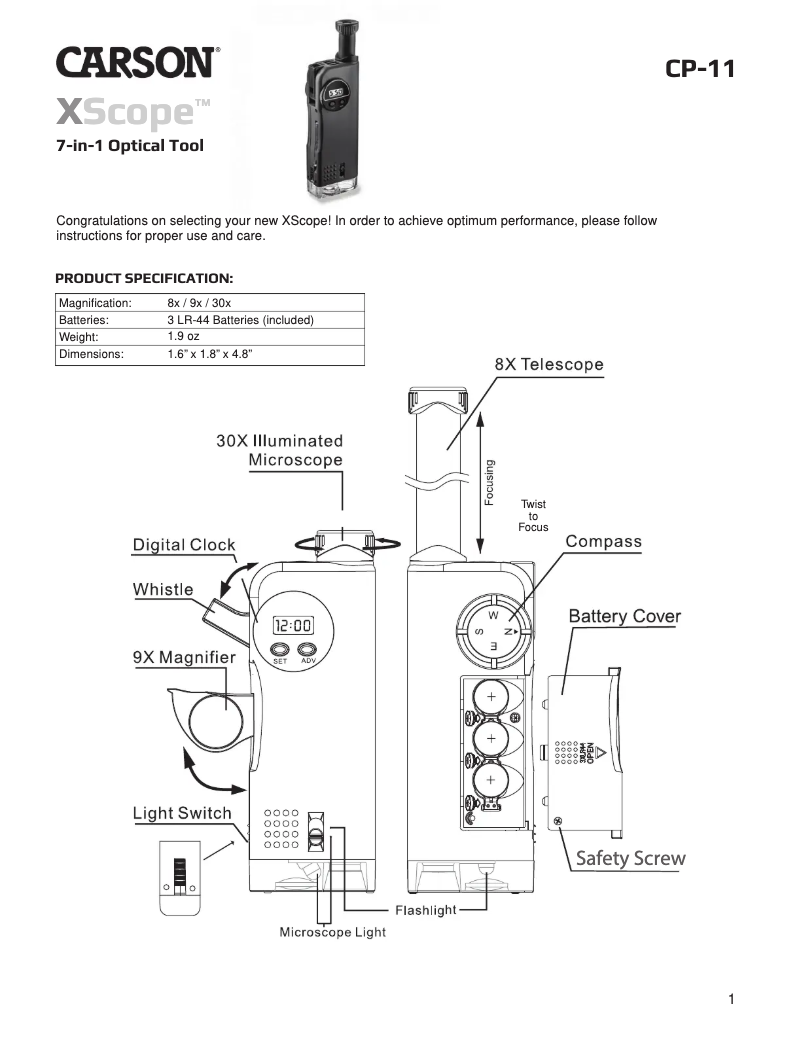 Image de la première page du manuel de l'appareil X-Scope CP-11