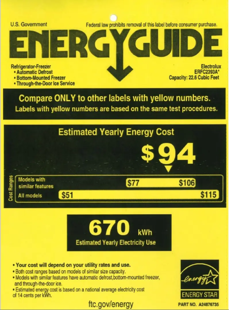 Page 1 de la notice Label énergétique Electrolux ERFC2393AS