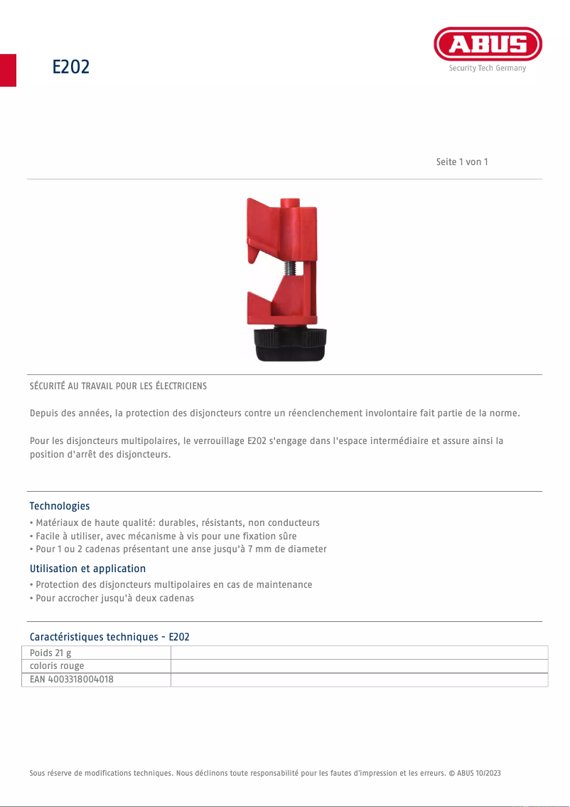 Page n°1 - Fiche technique Abus E202