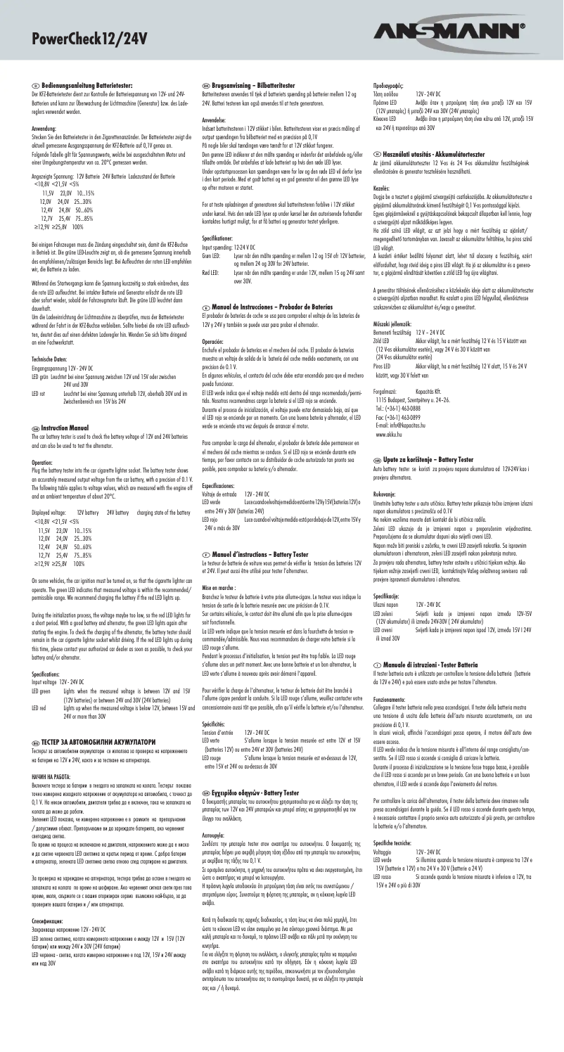 Page 1 de la notice Manuel utilisateur Ansmann PowerCheck 12/24V