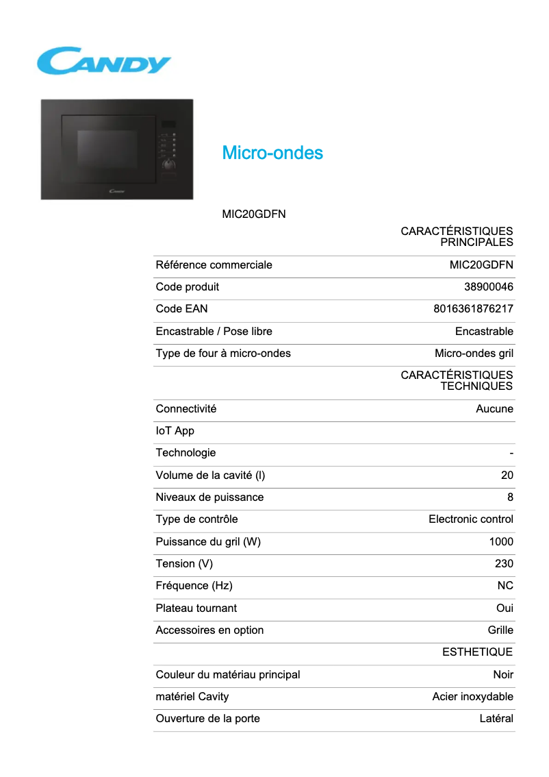 Image de la première page du manuel de l'appareil MIC20GDFN