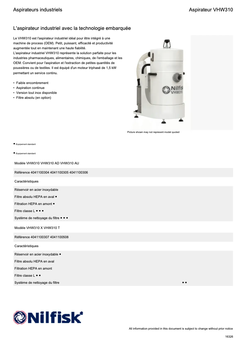 Página 1 del manual Ficha técnica Nilfisk VHW310