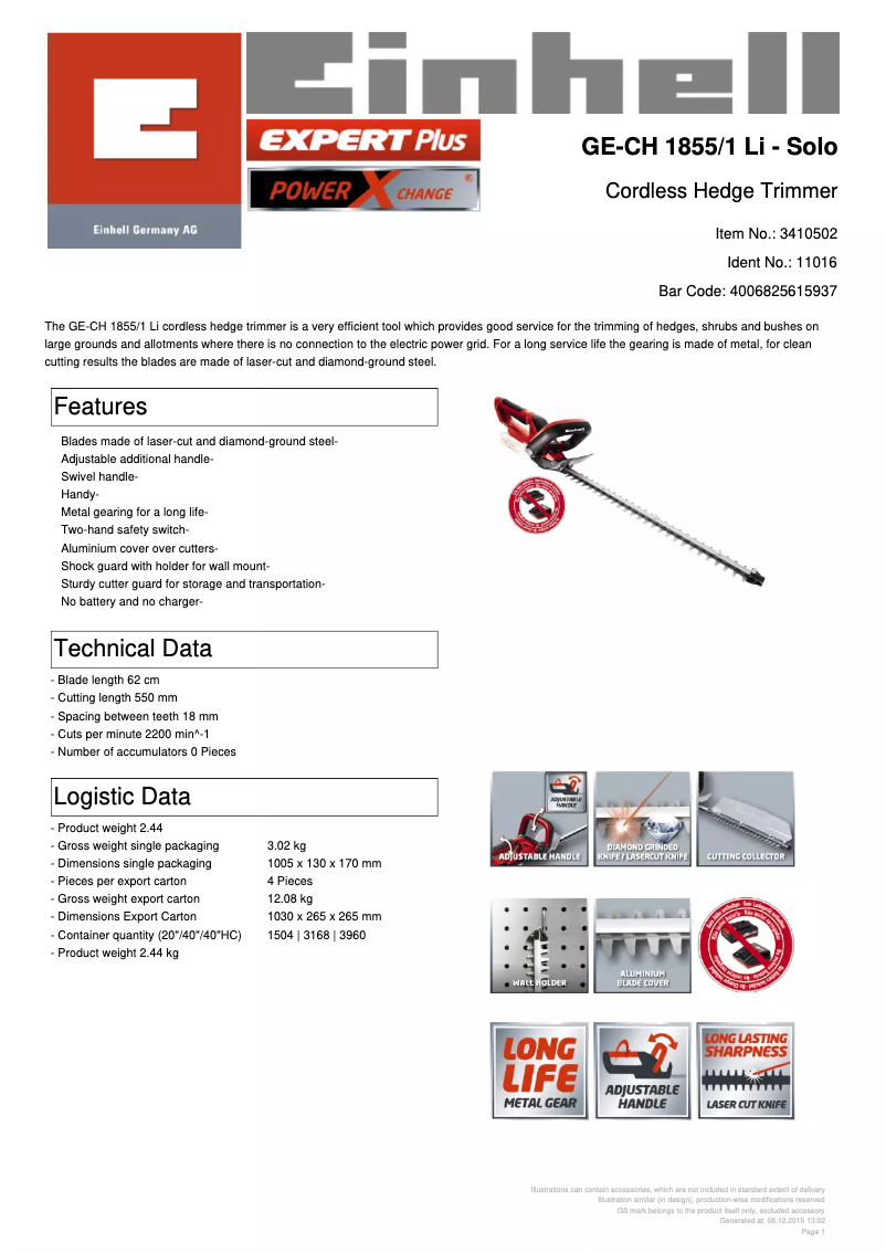 Page 1 de la notice Fiche technique Einhell GC-CH 1855/1 Li-Solo
