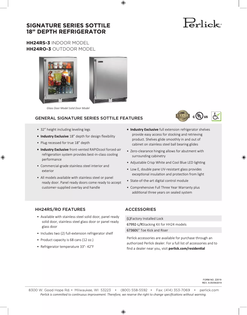 Página 1 del manual Ficha técnica Perlick HH24RO-3-1L