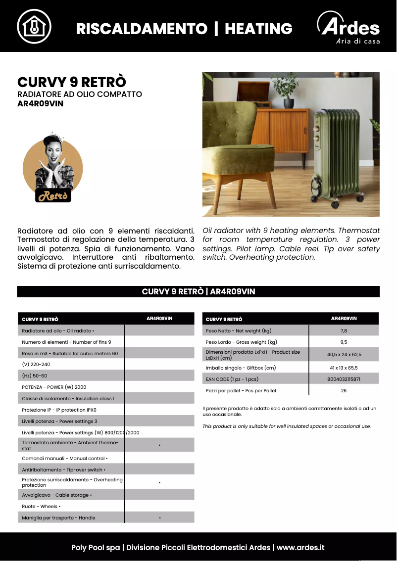 Página 1 del manual Ficha técnica Ardes Curvy 9 Retrò AR4R09VIN