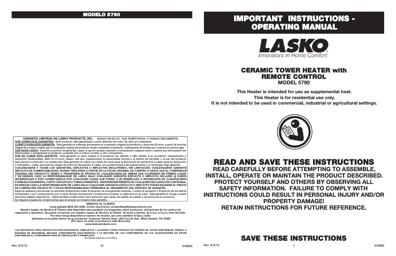 Page 1 of the manual User Manual Lasko 5790