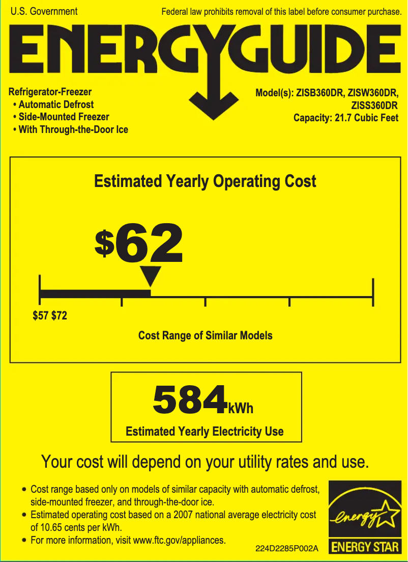 Page 1 de la notice Label énergétique GE ZISB360DR