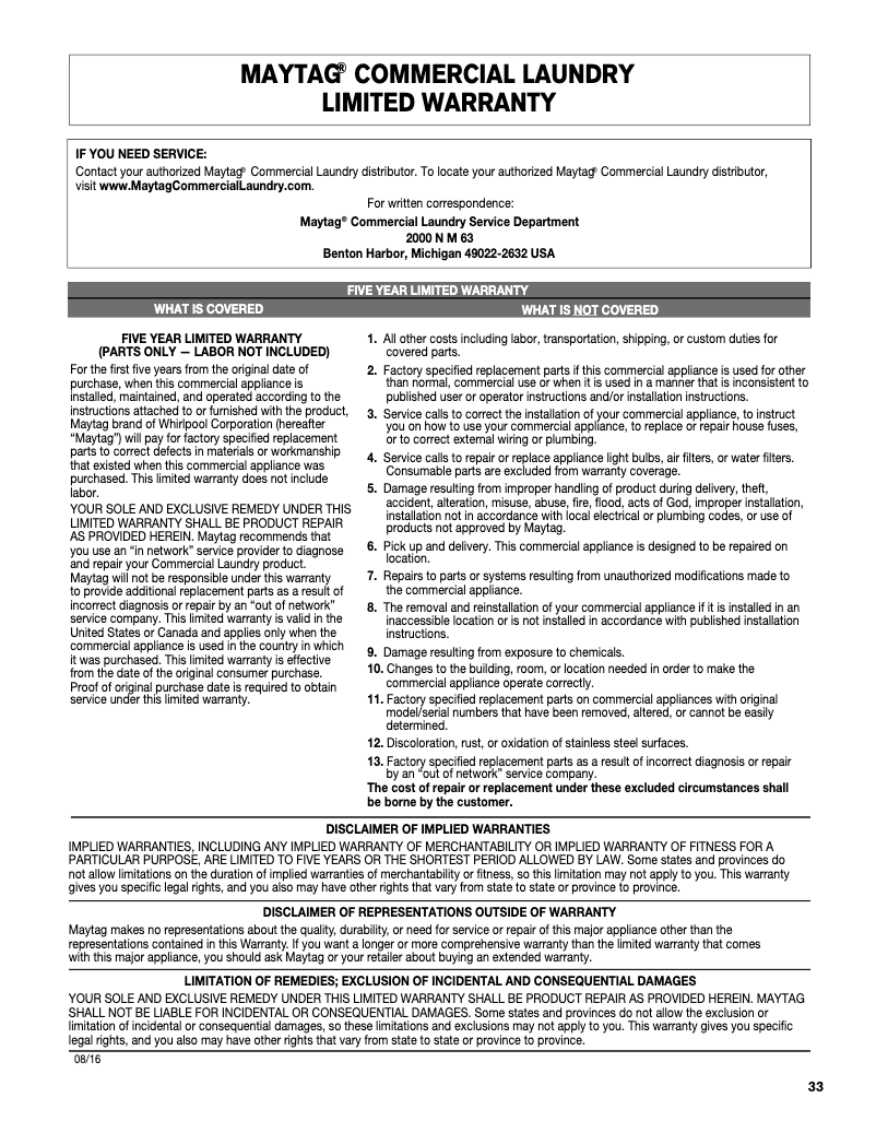 Page n°1 - Informations de garantie Maytag MDG20CSAWW