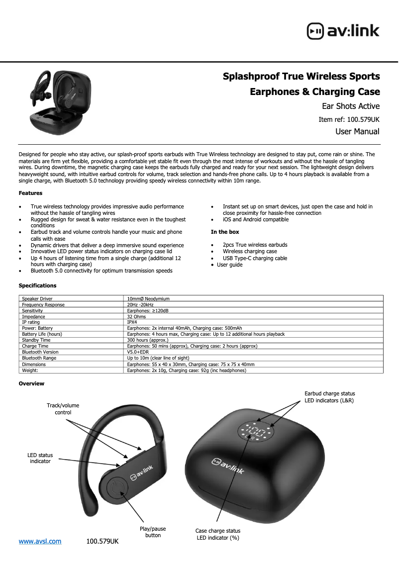 Page 1 de la notice Manuel utilisateur AV:link Ear Shots Active