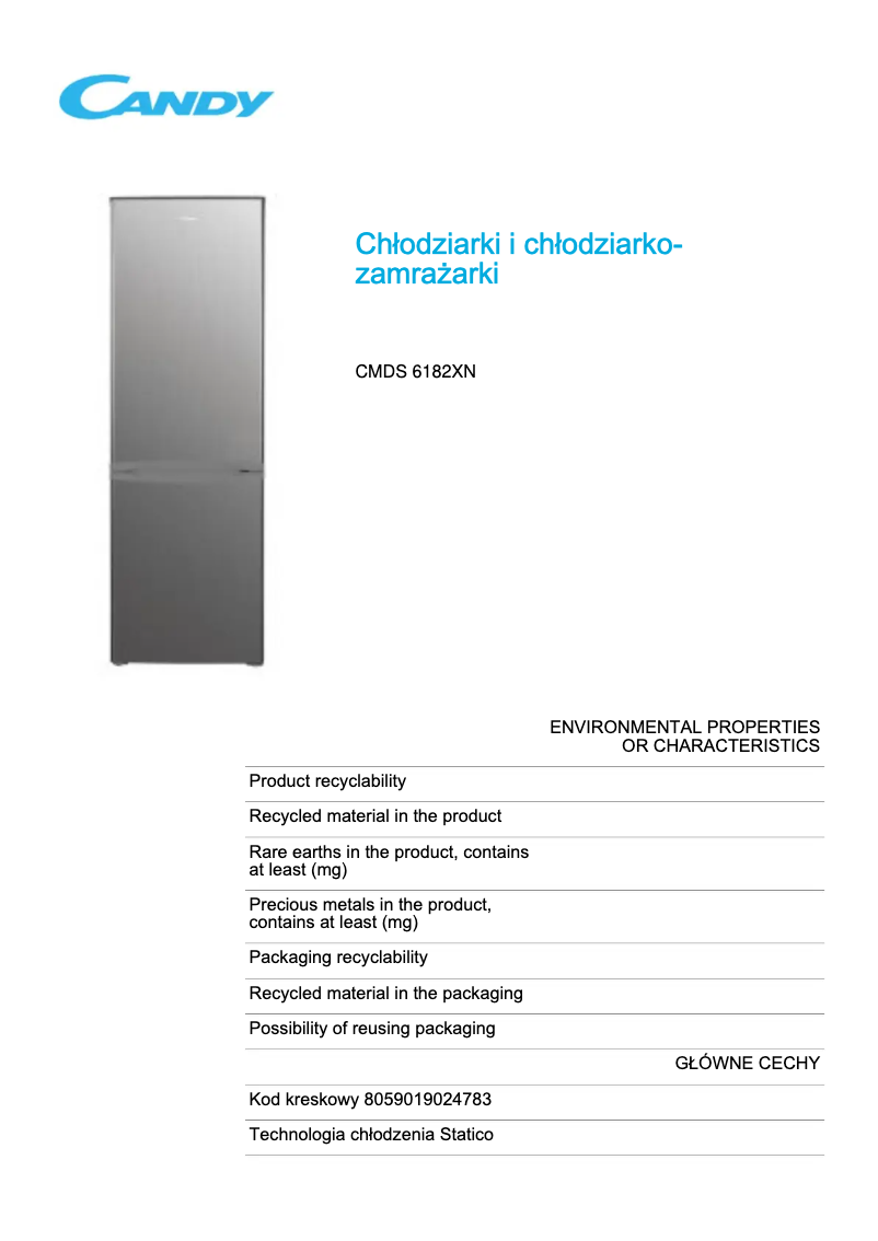Page 1 de la notice Fiche technique Candy CMDS 6182XN