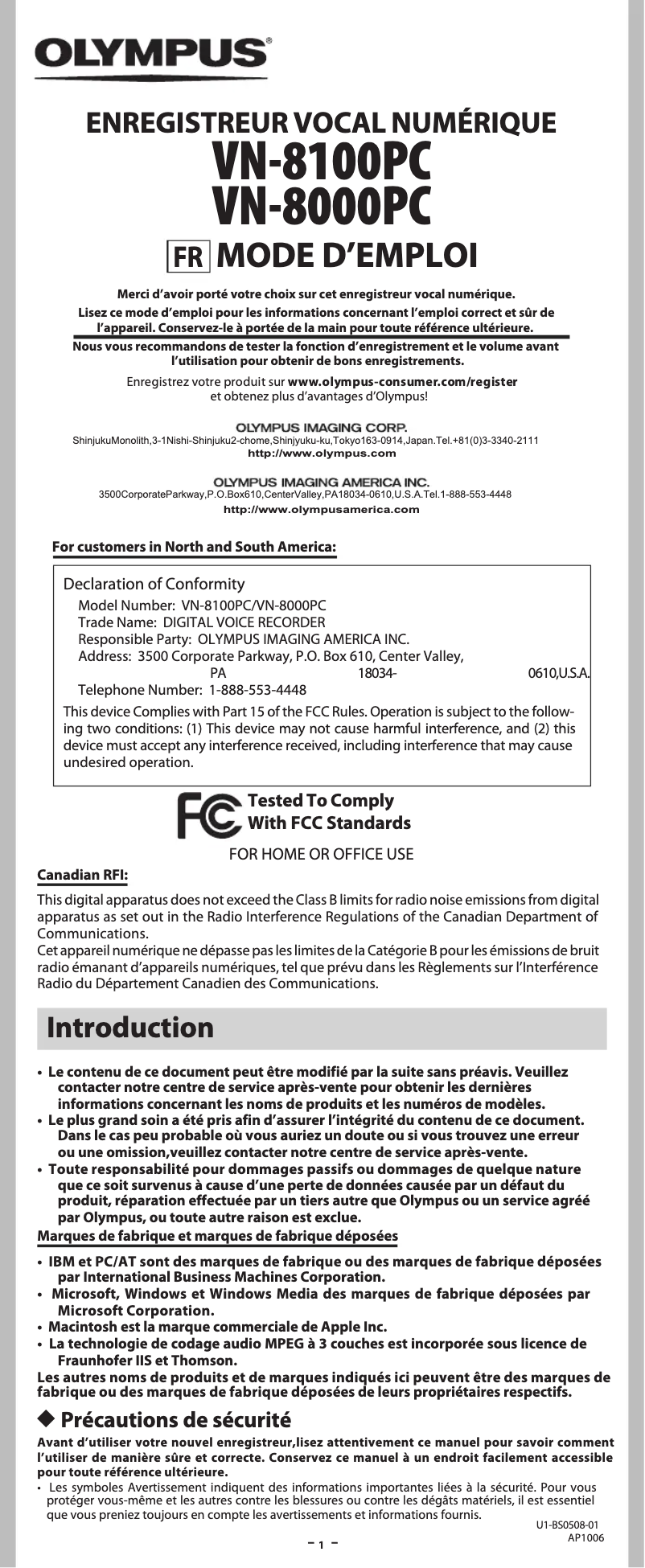Page 1 de la notice Manuel utilisateur Olympus VN-8100PC