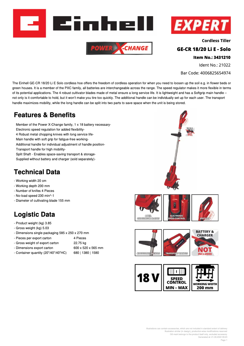 Page 1 de la notice Fiche technique Einhell GE-CR 18/20 Li E
