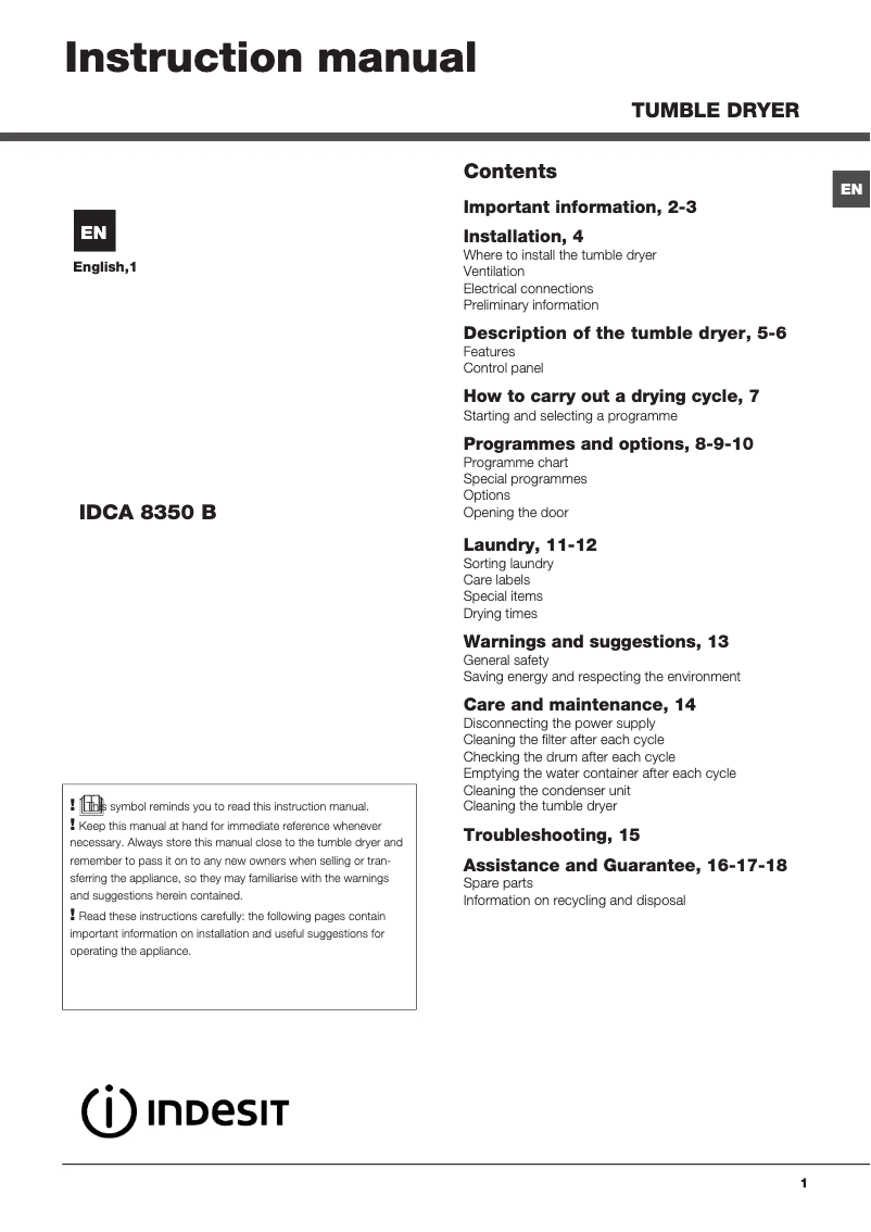 Image de la première page du manuel de l'appareil IDCA 8350 B ECO (UK)