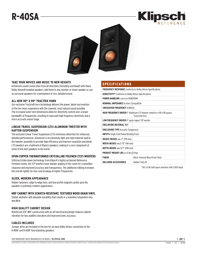 Page 1 de la notice Fiche technique Klipsch R-40SA