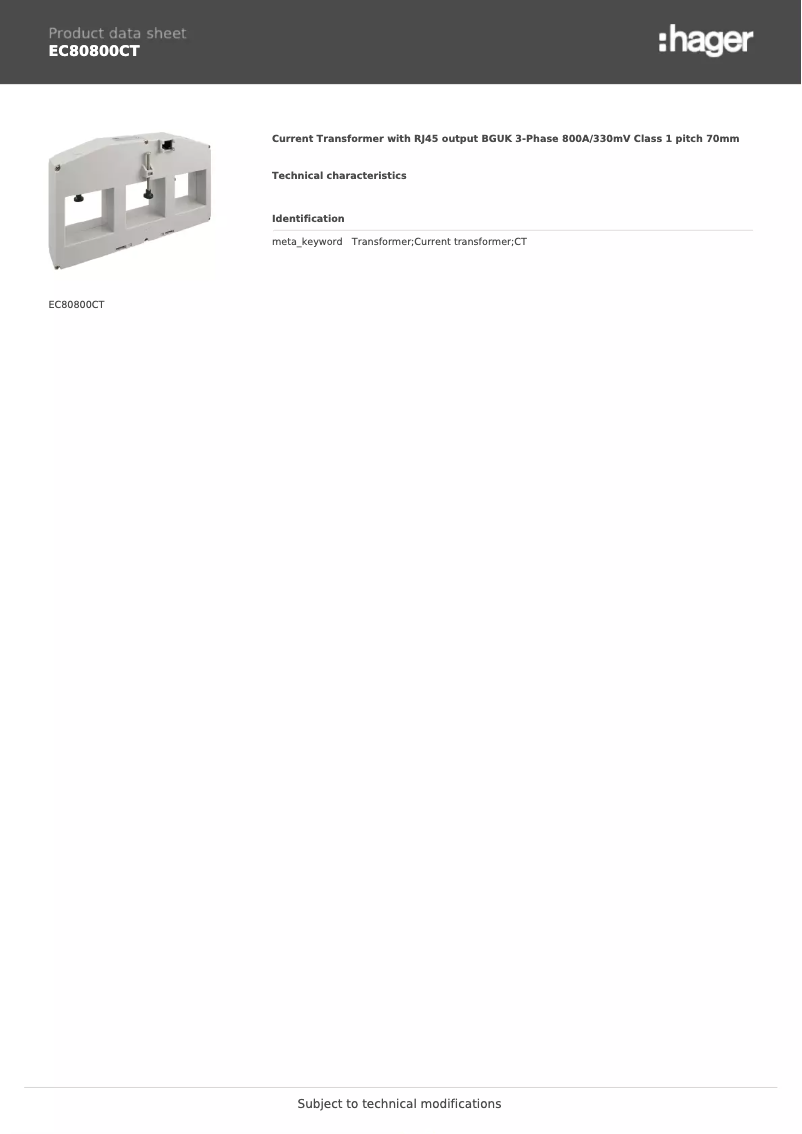 Page n°1 - Fiche technique Hager EC80800CT