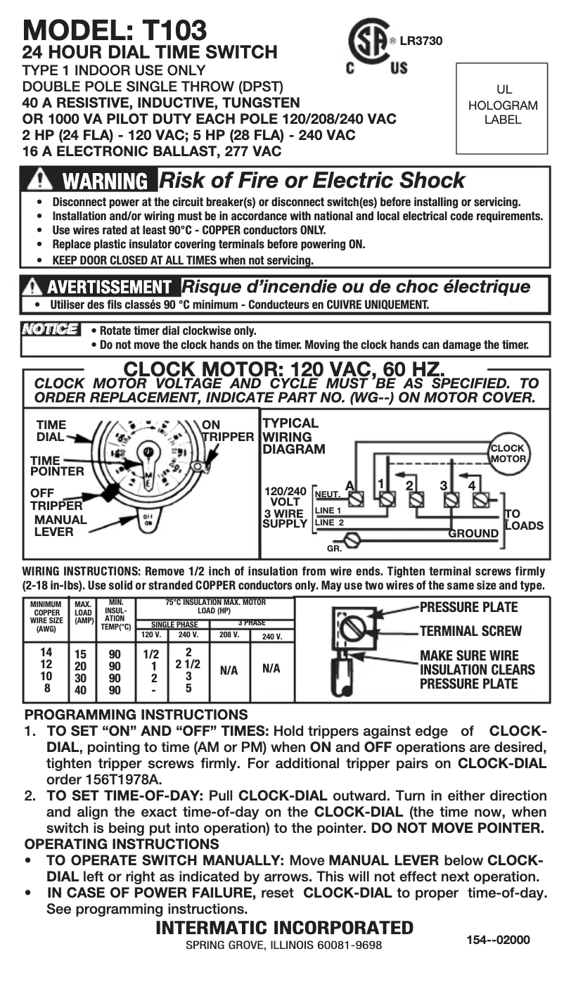 Page n°1 - Manuel utilisateur Intermatic T103