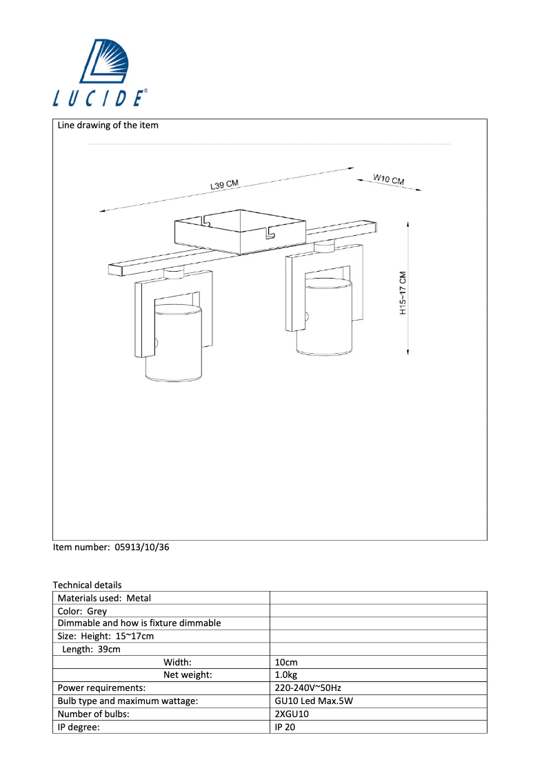 Page n°1 - Manuel utilisateur Lucide Conni 05913/10/36