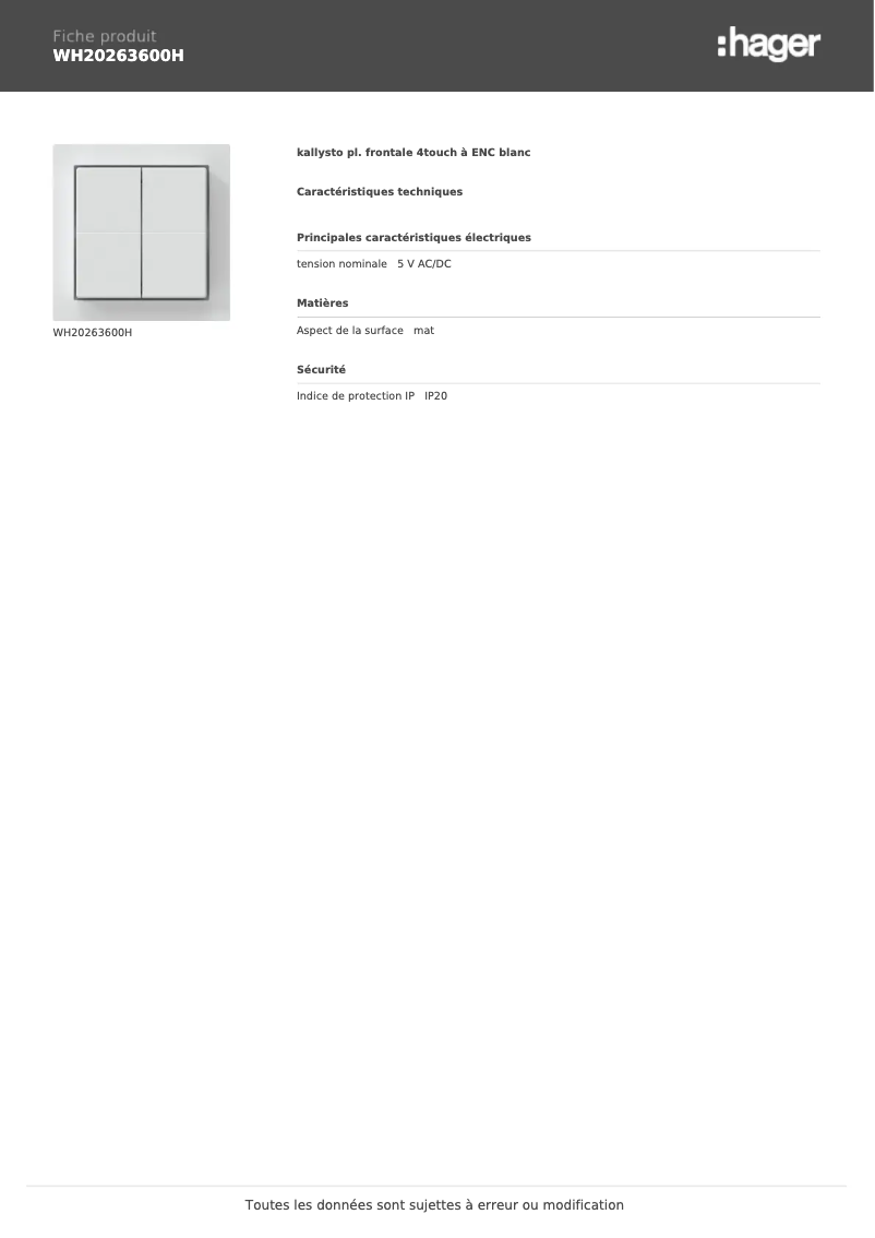 Page n°1 - Fiche technique Hager WH20263600H