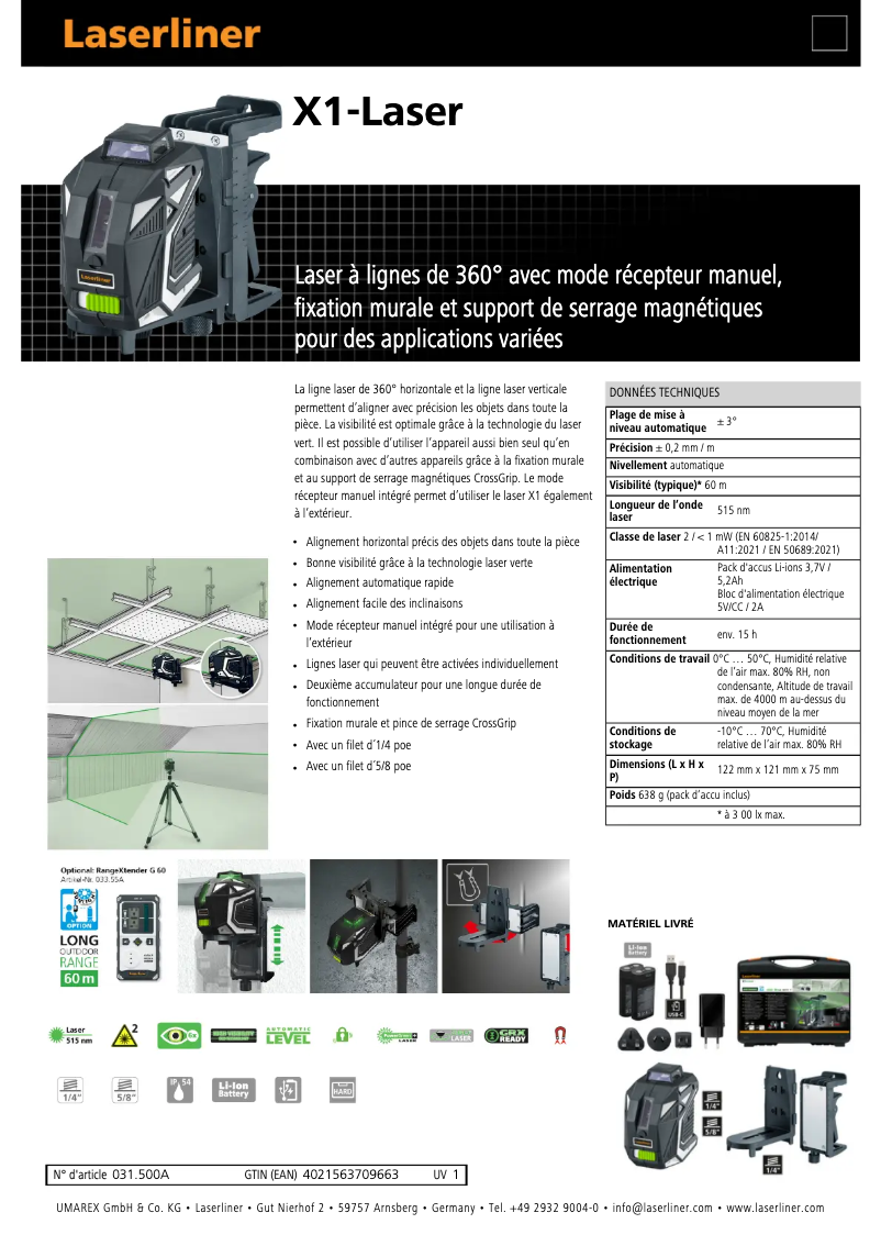 Page 1 de la notice Fiche technique Laserliner X1-Laser